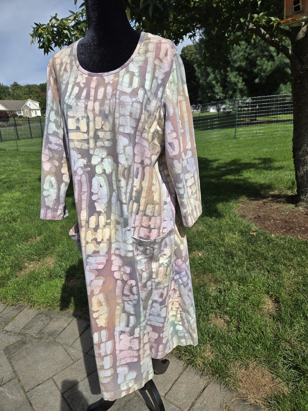 Su Placer, Pastel Batik, Abstract 100% Cotton, Midi Dress with Pockets